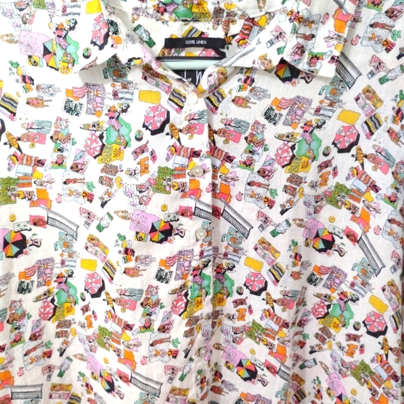 Nicole Miller Linen Summer Top Camp Shirt Button Down Colorful Beach Pattern XL - Picture 3 of 16